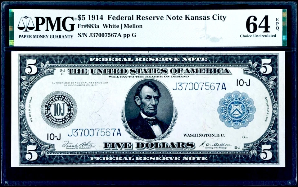 $5 1914 Federal Reserve Note Kansas City Fr#883a White | Mellon PMG 64 EPQ CU - Image 3 of 3