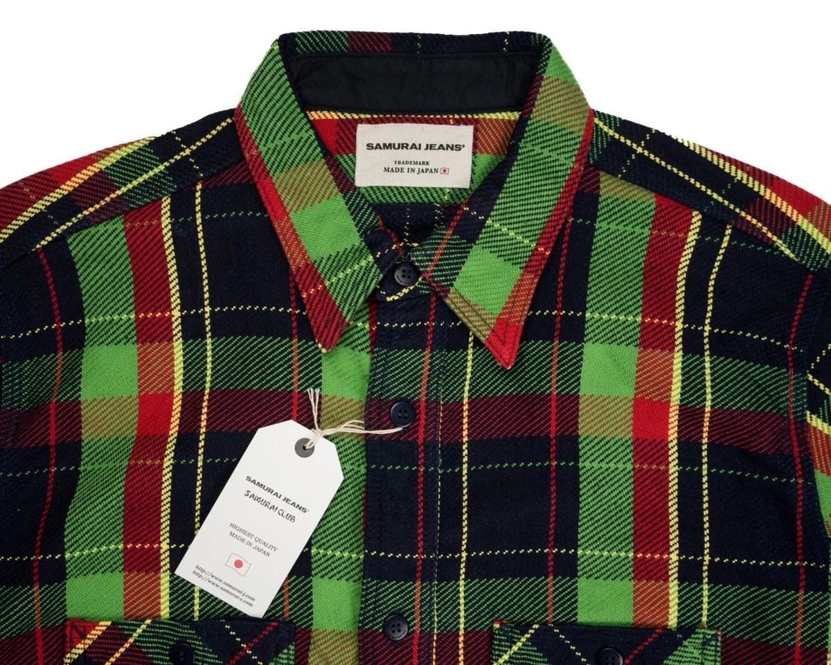 Samurai Jeans $395 NWT Rope Dyed Plaid Flannel Shirt Green Indigo