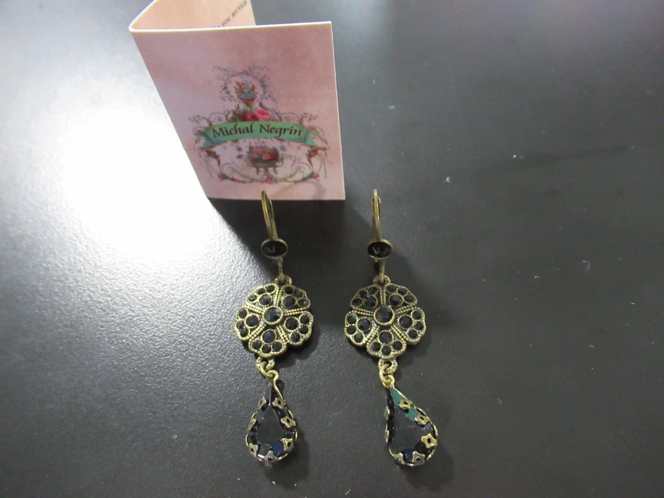 Pendientes colgantes de piedra negra Michal Negrin en metal bronce *nuevos en caja* Foto 3 de 4