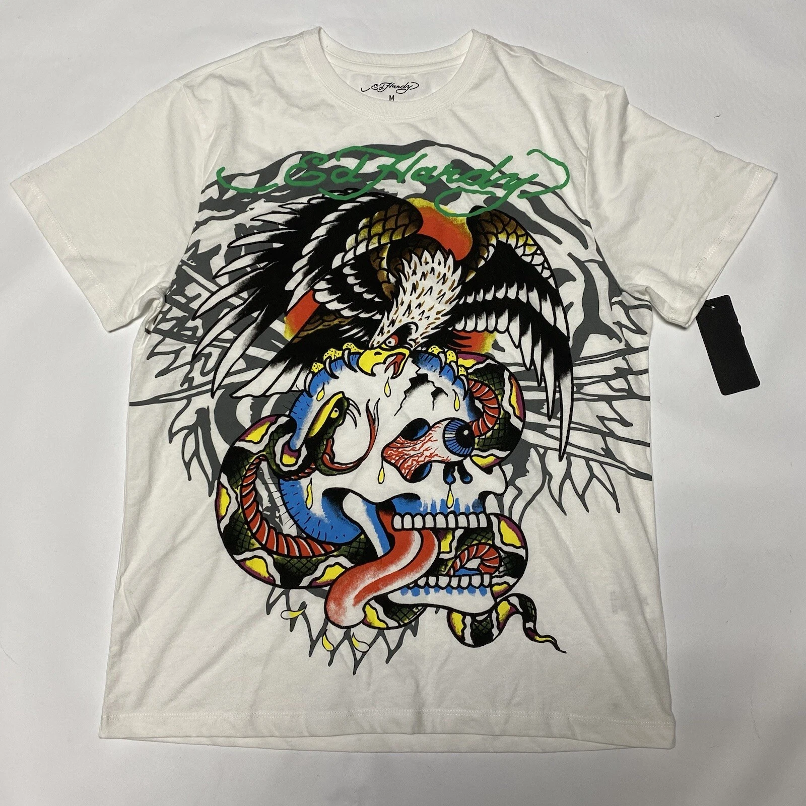 Ed Hardy Graphic White T-Shirt Logo Tattoo Eagle Skull Snake Mens Size Med Y2K