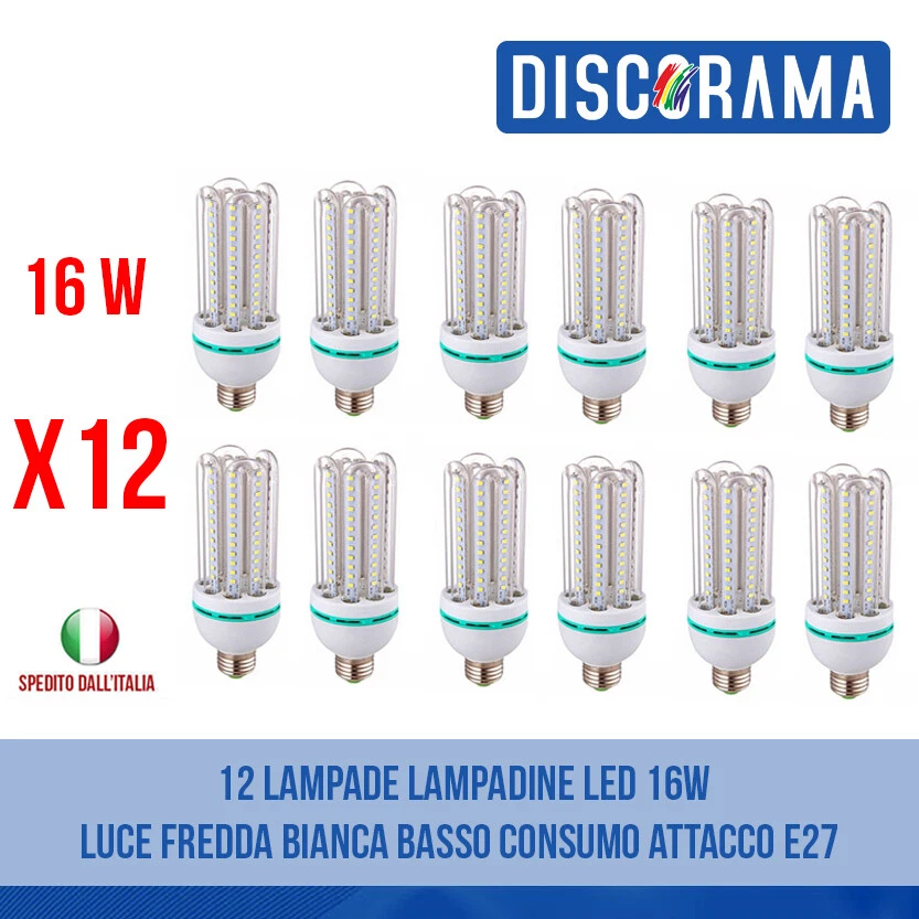 12 LAMPADE LAMPADINE LED 16W LUCE FREDDA BIANCA BASSO CONSUMO ATTACCO E27