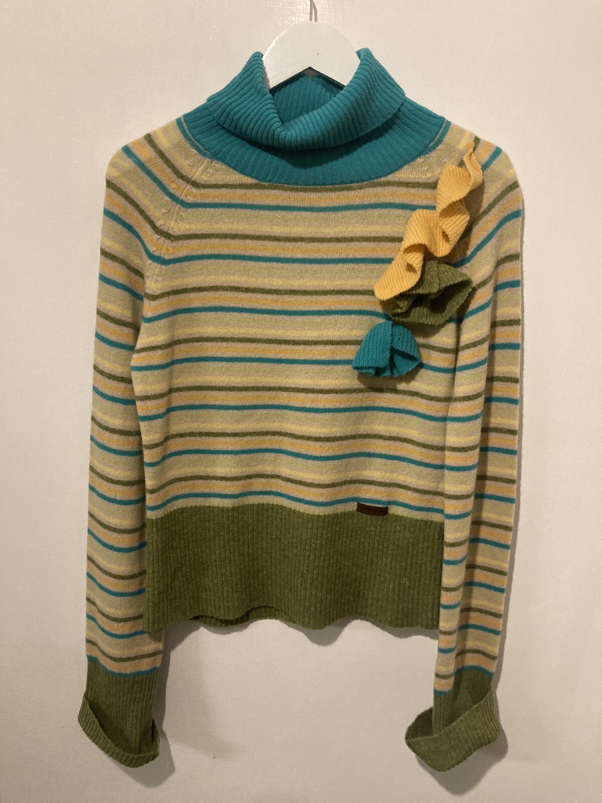 Vintage 90s Fornarina Yellow/Green/Blue Striped Polo Jumper w Flowers Size Med