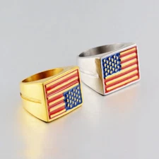 Vintage US Flag Signet Ring Stainless Steel Biker Punk Ring Solid Back Size 8-12