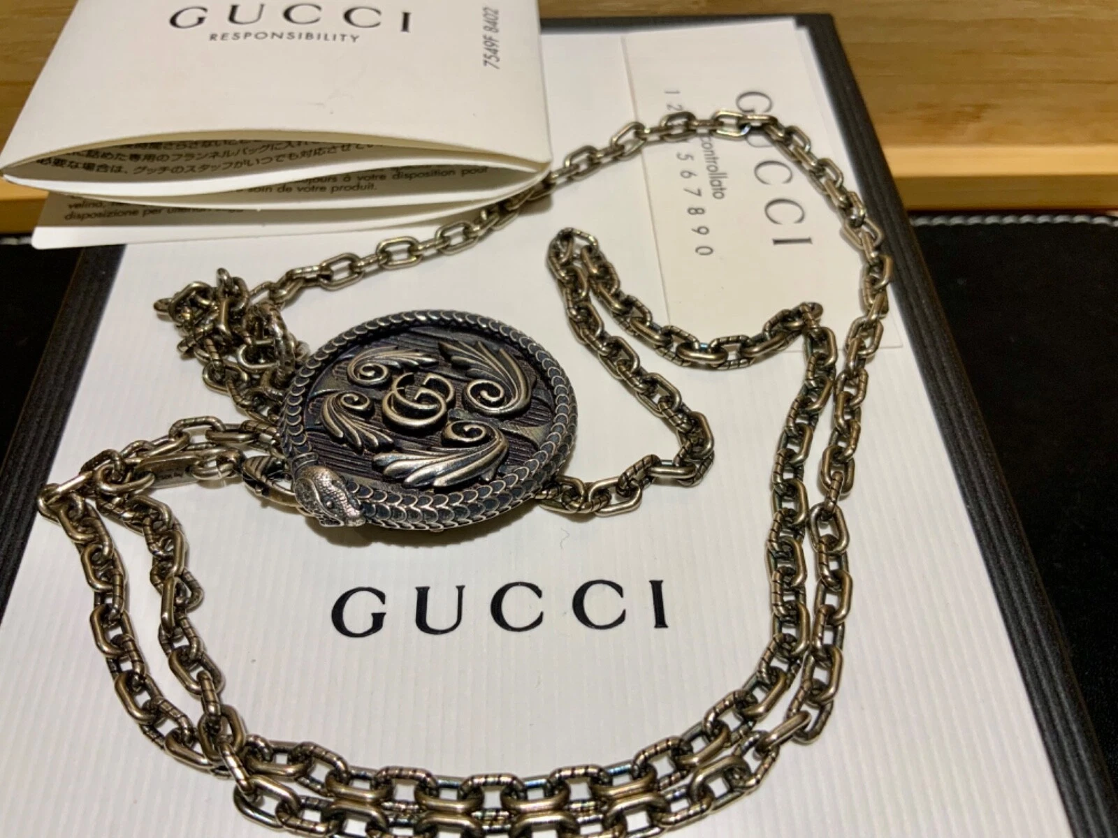 Nuova collana con ciondolo Gucci Garden GG serpente Marmont con catena solida 27” argento 925