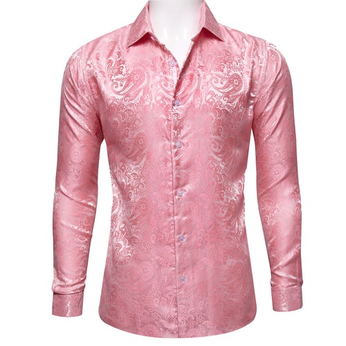New Mens Silk Shirts Blue Red Grey Floral Dress Shirt Long Sleeve Button Down - Picture 72 of 169