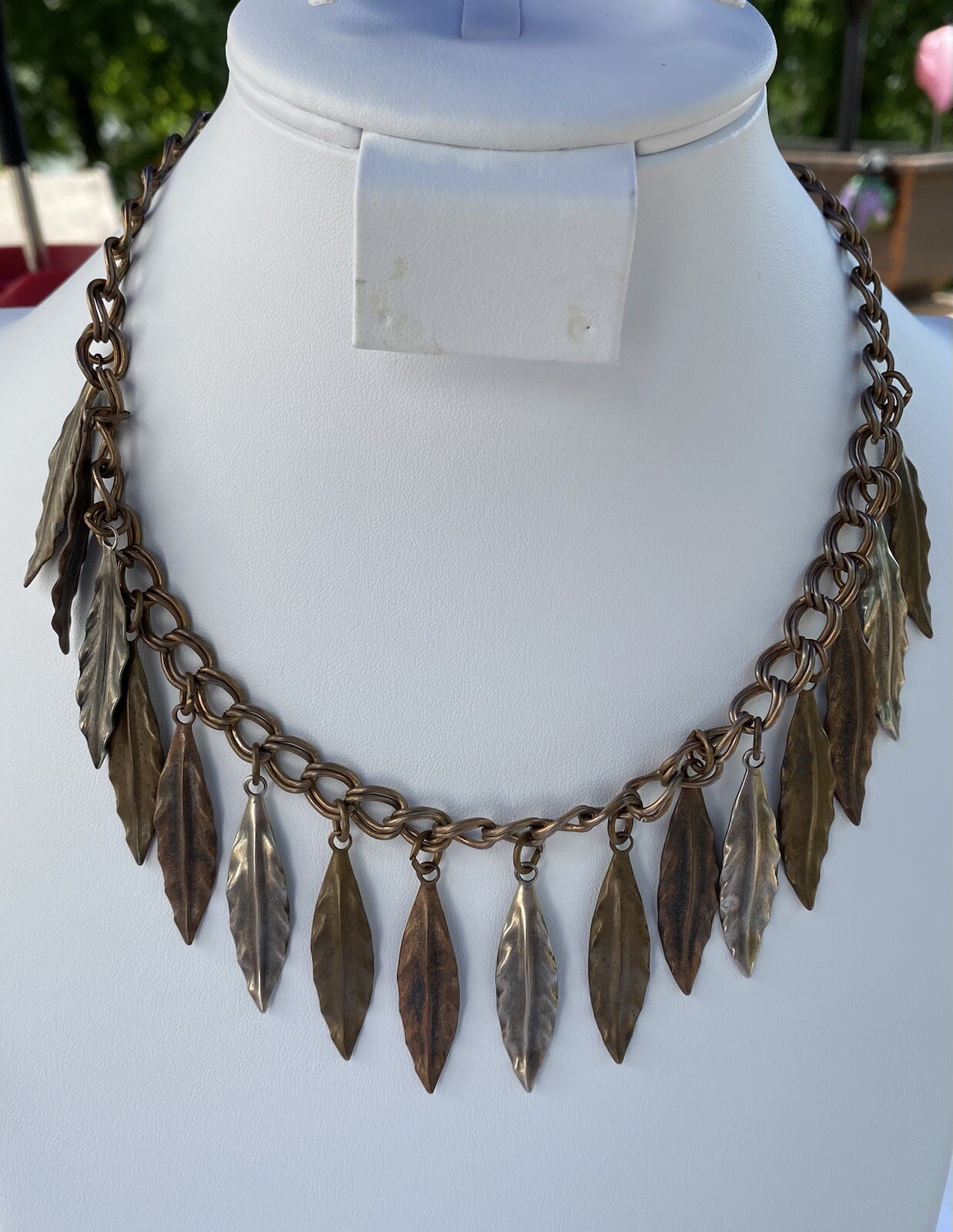 Vintage Brass Dangle Leaf Statement Necklace 16 I… - image 8