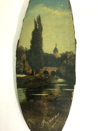 Antique Art Oil Painting French Landscape Signed Beaune France Wood Plaque 10" - Picture 3 of 7