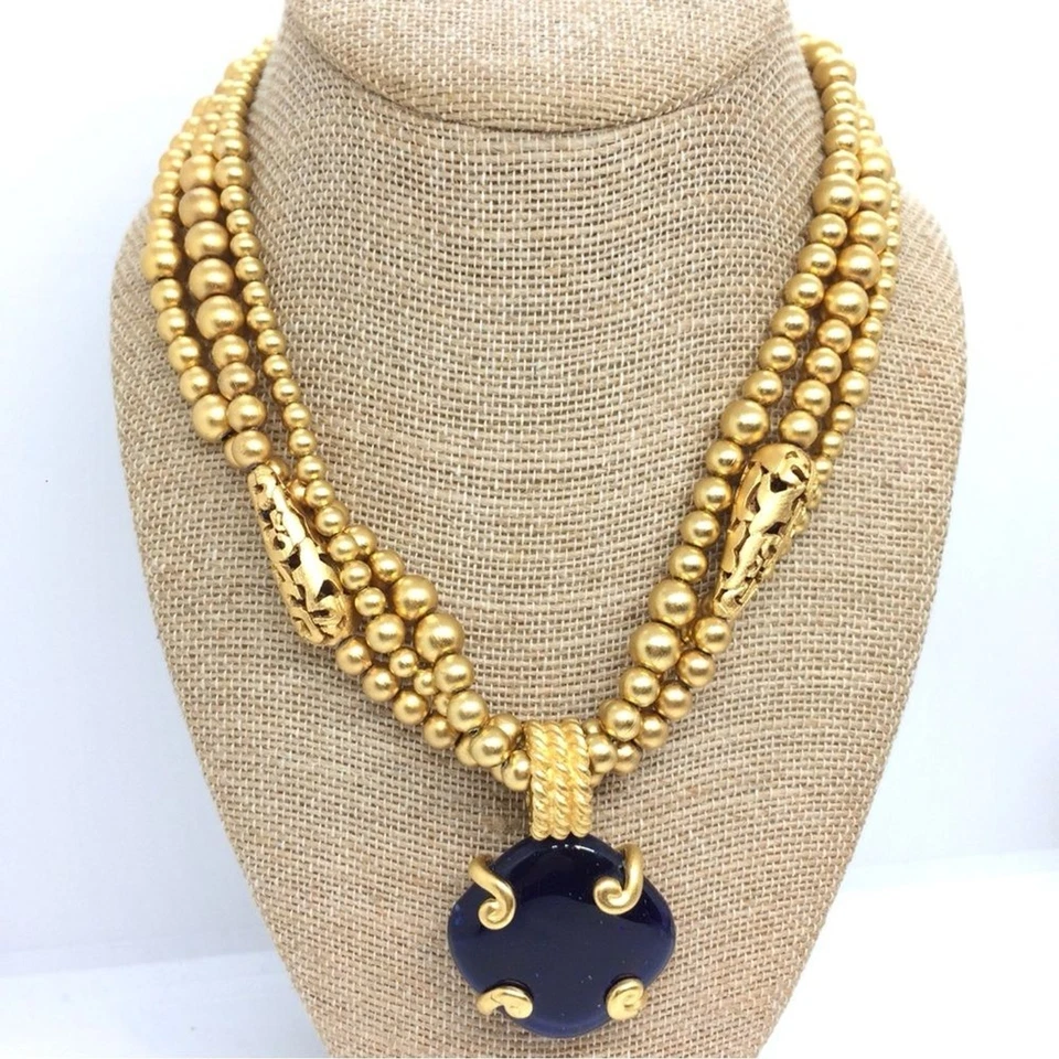 COLLAR COLGANTE VINTAGE AÑOS 80 LIZ CLAIBORNE RENACIMIENTO ETRUSCO TONO DORADO VIDRIO AZUL