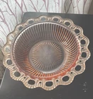 Vtg Lace Edge "Open Lace" Pink Ribbed Depression Glass Bowl - 9.5”