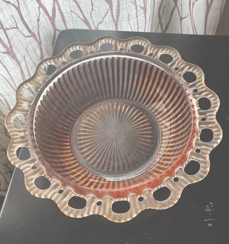 Vtg Lace Edge "Open Lace" Pink Ribbed Depression Glass Bowl - 9.5”