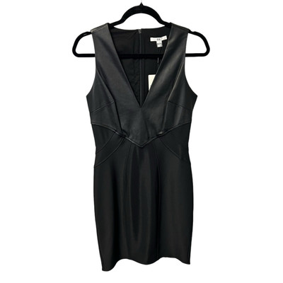 NWT Zac Zac Posen Black Faux Leather V Neck Bodice Mini Sheath Dress Womens 6 