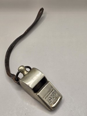 Original 1914 J Hudson & Co Trench  NCO  Defense Whistle stamped and Strap. 