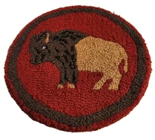 Vintage Latch Hook Rug Wall Hanging Native American Buffalo Completed Round