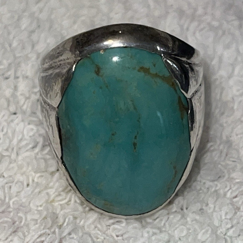 Silver Ring Blue Turquoise Oval Cabochon Bezel Set Size 11