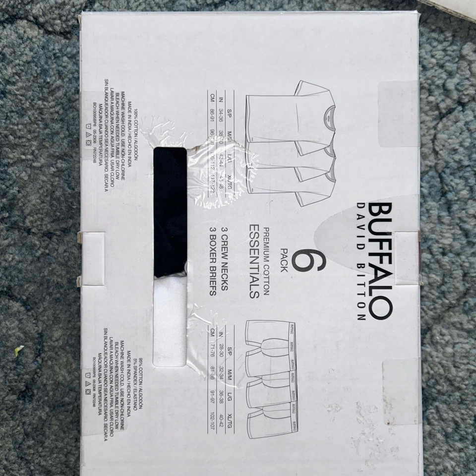 BUFFALO HOMBRE BLANCO CUELLO REDONDO CAMISETAS CALZONCILLOS BOXER NEGROS NUEVO Pequeño Juego de 6 Piezas Foto 3 de 4