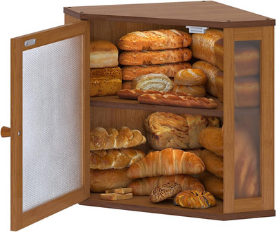 Medium Bamboo Corner Bread Box with Window for Kitchen Countertop Storage
