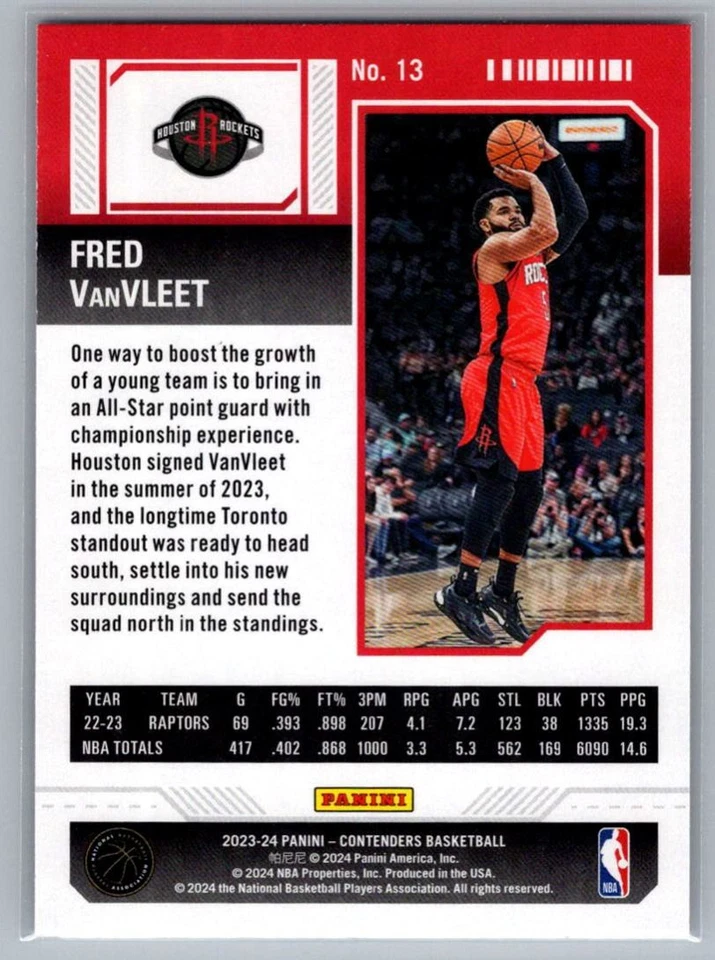 2023-24 Panini Contenders Season Ticket Fred VanVleet Houston Rockets #13 - Image 2 of 2