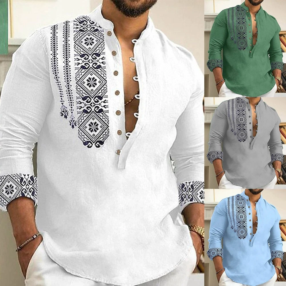 Shirt Men Blouse Man Long Sleeve Beach Tee Blouse Tops Button-Down V-Neck