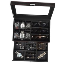 Jewelry Box for Men, 6 Slot Watch Box Jewelry Organizer With Drawer, Black