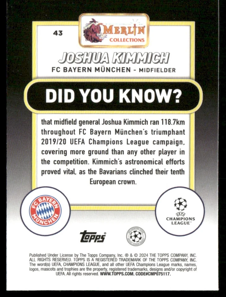 2024 MERLIN UEFA CHAMPIONS LEAGUE JOSHUA KIMMICH FC BAYERN MUNCHEN #43 - Image 2 of 2
