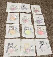 VINTAGE HAND EMBROIDERED Cat Kitten Roses QUILT 9x9 Pink Yellow Green Purple