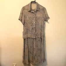 Vintage Blue Floral 2 Piece Set Button Down Blouse and Lined Midi Skirt