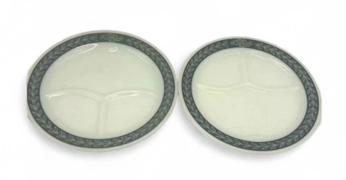 2 Vintage PYREX Corning Grecian Grey Laurel Leaf 9.5” Milkglass Divided Plates