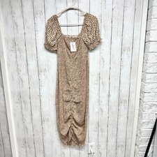 Mi Ami Dress Women Size Small Animal Print Ruched Puff Sleeves Bodycon Midi Boho
