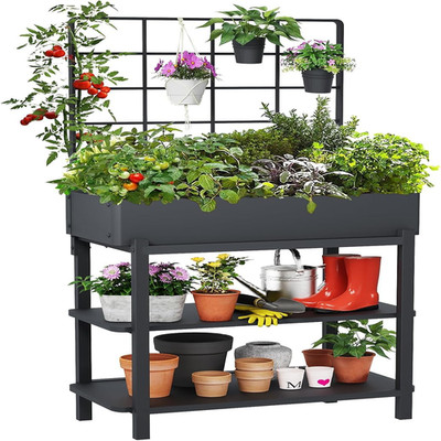 Foyuee Metal Raised Garden Bed Trellis 2-Tier Storage Shelf Elevated Planter