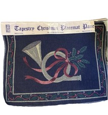 Vintage 2 Tapestry Christmas Placemats/Pillow Panels French Horn Navy USA Made
