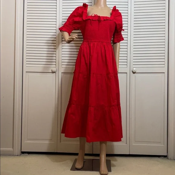 knee length dresses for ladies Threadbare Women's Red Elasticated Waist Cotton Poplin Midi Dress