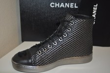 CHANEL 16B Black Silver Mesh Leather CC Lace Up High Top Trainer Sneaker Shoe 35