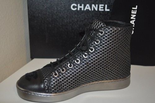 de Entrenador CHANEL 16B Negro Plata Malla Cuero CC con Cordones Top Alto 35 | eBay