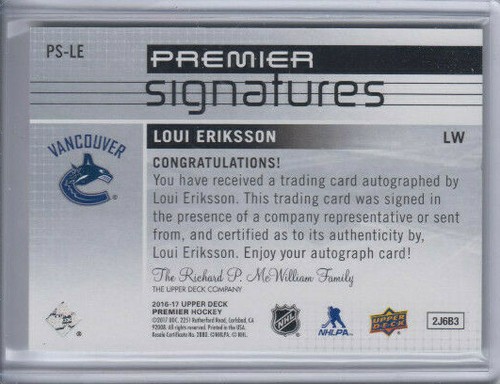 16/17 UD Premier Vancouver Canucks Loui Eriksson Premier Signatures Auto #PS-LE - Picture 2 of 2
