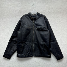 Y2K Vintage Black Faux Leather Jacket Large Mens Lined Zip Up Biker Moto Grunge