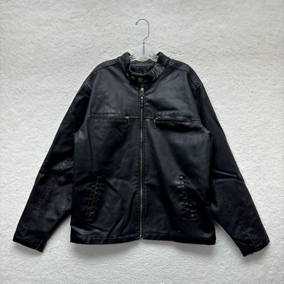 Y2K Vintage Black Faux Leather Jacket Large Mens Lined Zip Up