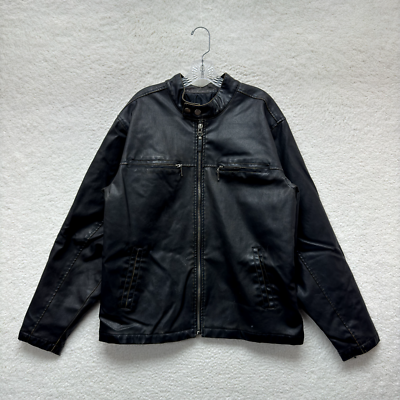 レザージャケット　ブラック　y2k Y2K Vintage Black Faux Leather Jacket Large Mens Lined Zip Up