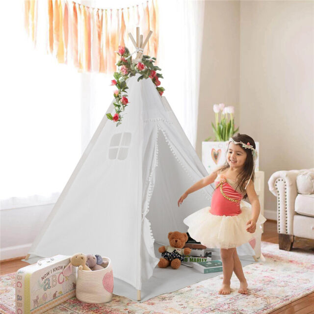 Kids Play Teepee Tent Cute Pompom Ball Decorative Playing Tent with Bottom Mat