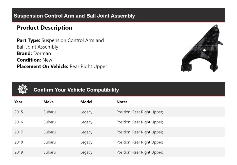 Conjunto de rótula de brazo de control para Subaru Legacy Dorman 2015-2019 2016 20 Foto 2 de 4