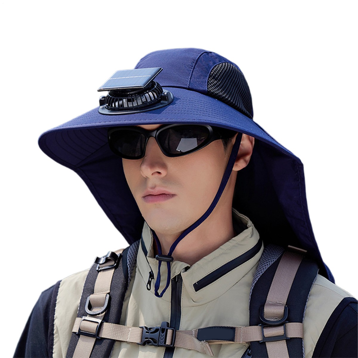 Solar Fan Hat With Neck Flap USB Rechargeable UV Dual 