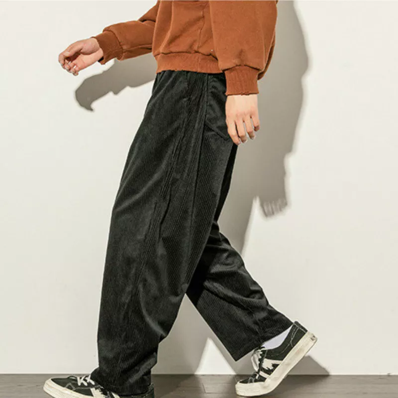 Mens Corduroy Pants Casual Long Trousers Loose Straight Wide Leg