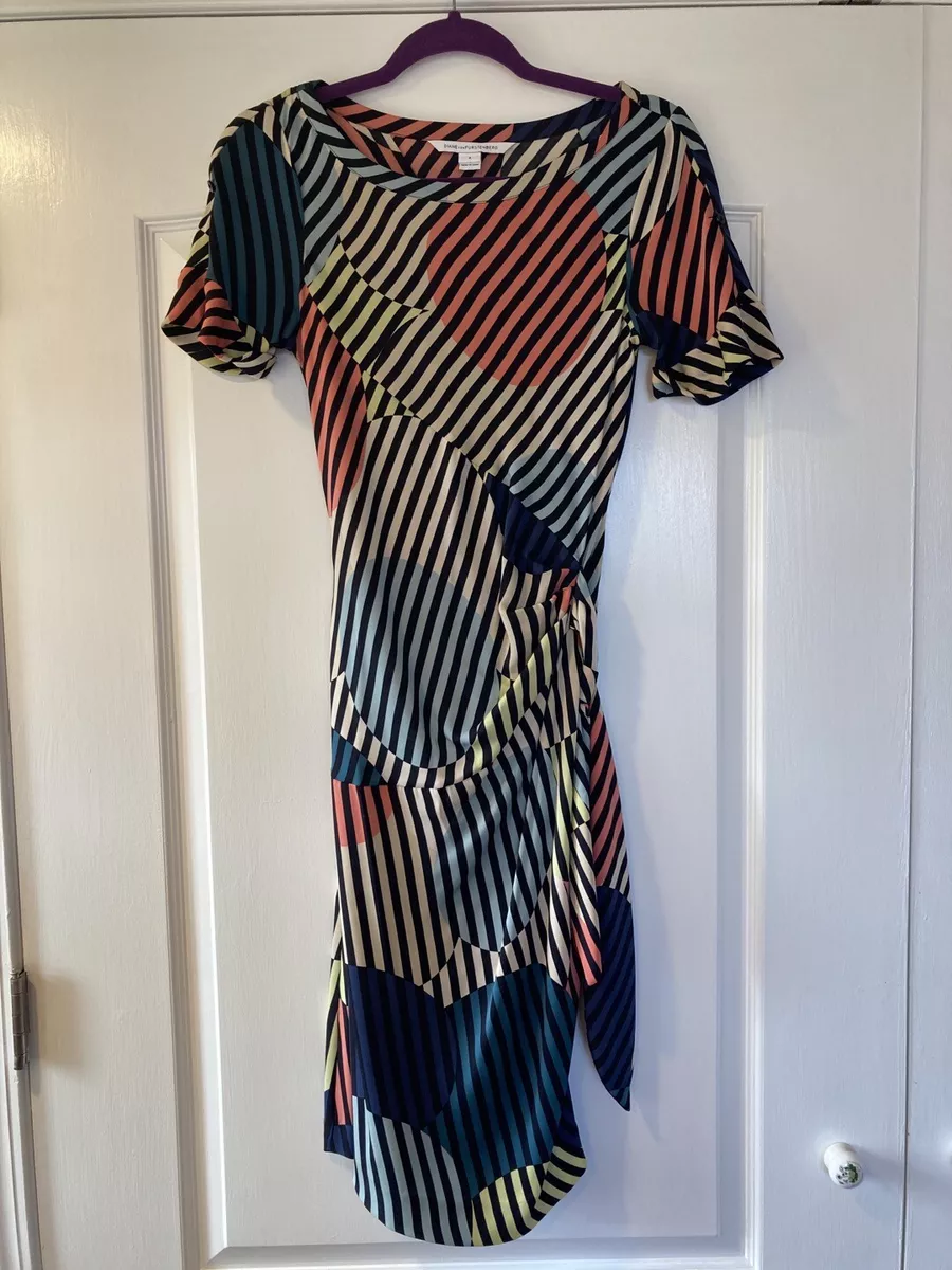 DvF Diane von Furstenberg Leron Multicolor Stripe Silk Faux Wrap Dress size 4