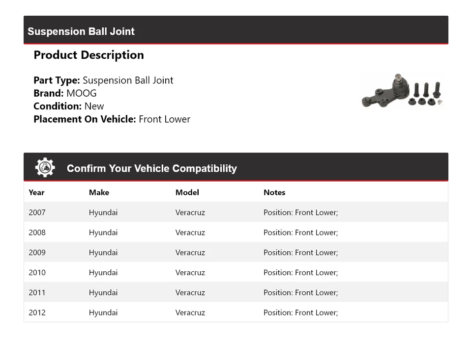 Rótula de suspensión delantera inferior MOOG 2007-2012 para Hyundai Veracruz 2007-2012 Foto 2 de 4