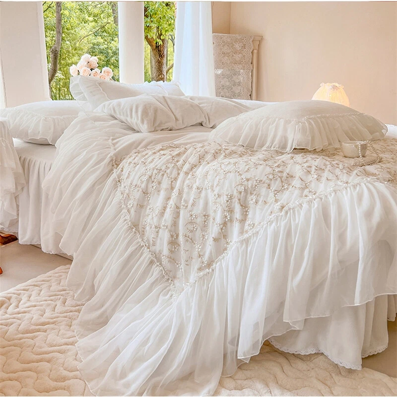 Juego de ropa de cama bordada 4 piezas funda nórdica de terciopelo con leche cálida falda de cama 2 fundas de almohada Foto 2 de 4