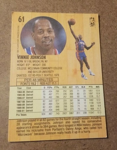 1991-92 Fleer Detroit Pistons Basketball Card #61 Vinnie Johnson - Picture 2 of 2
