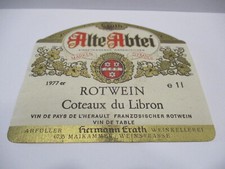 Erath Alte Abtei ROTWEIN Coteaux du Libron vin de table 1977  BOTTLE LABEL