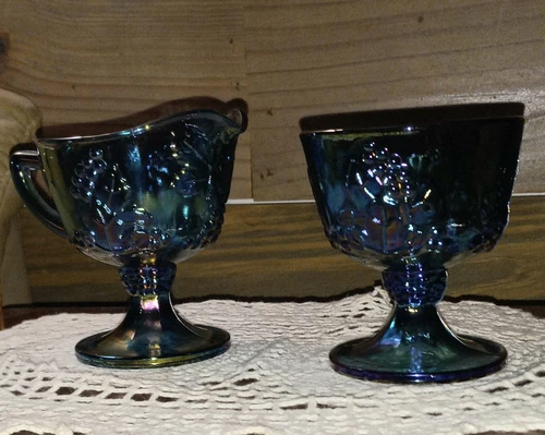 Vintage Indiana Carnival Glass Grape Harvest Iridescent Blue Sugar &Creamer