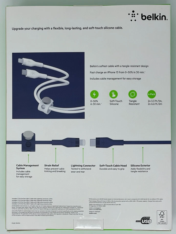 Cable Belkin BOOST LOAD Flex USB-C-Lightning Connector Si 6,6 pies certificado MFi. Foto 4 de 4