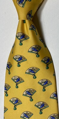 BALLY 100% SILK ITALIAN MADE YELLOW NECKTIE SMALL FAN BLUE SHOE GRAPHIC