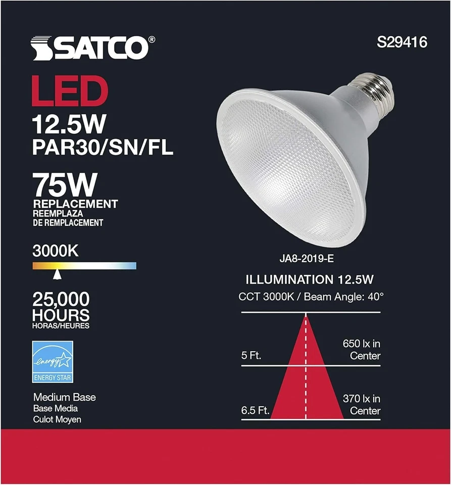 Satco S29416 - 12.5 Watt PAR30SN LED Light Bulbs - 3000K - 6 Pack - Image 2 of 4